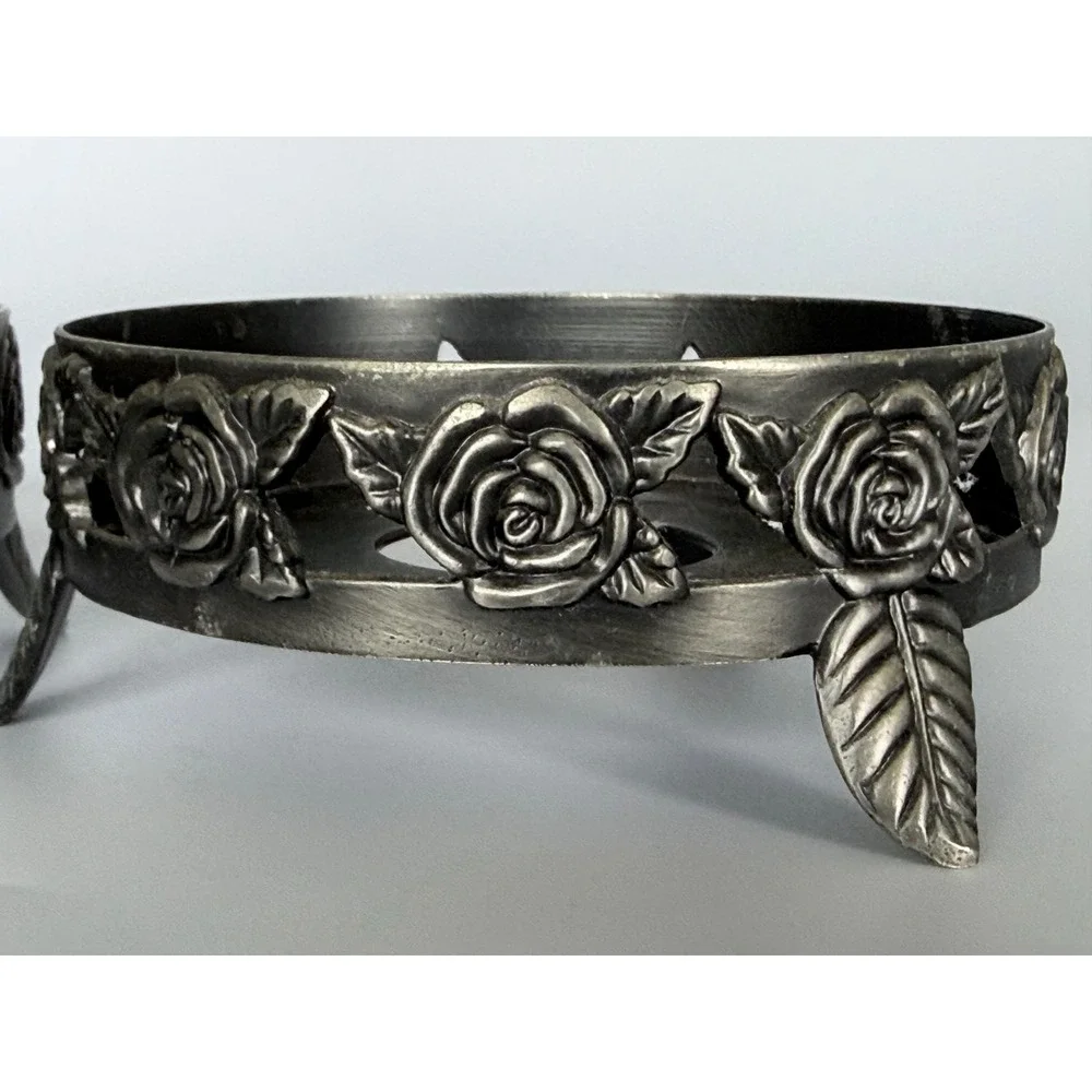 2 Silver Tone Metal Rose Candle Ring Base Holder Stand Holds 4